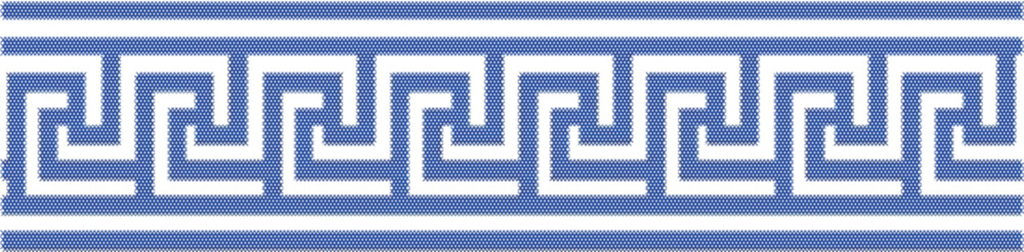 Thick blue Greek key meander border with classic embroidery stitch for traditional Mediterranean ornament