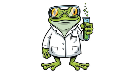Obraz premium Cartoon frog scientist wearing lab coat and goggles holding test tube isolated on white background