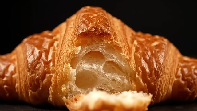 Close up of a delicious golden brown croissant being broken apart.