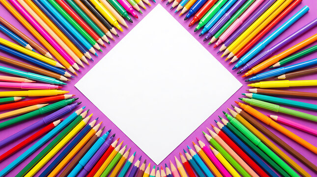 Frame of colorful pencils and markers pointing at central white diamond paper with copy space