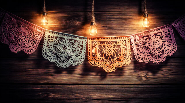 Decorative paper flags hang on a wooden wall with warm, glowing lights.