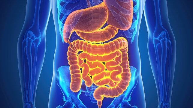 Ulcerative Colitis Medical Illustration, Chronic Inflammatory Bowel Disease Affecting the Colon and Rectum with Mucosal Ulcers, Bleeding and Abdominal Symptoms,