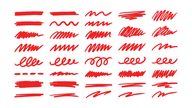 Line pen red highlight arrow set. Line pen hand drawn marker stroke red underline, check mark, emphasis. round frame marker scribble stroke icon elements,Arrow, star. Vector illustration
