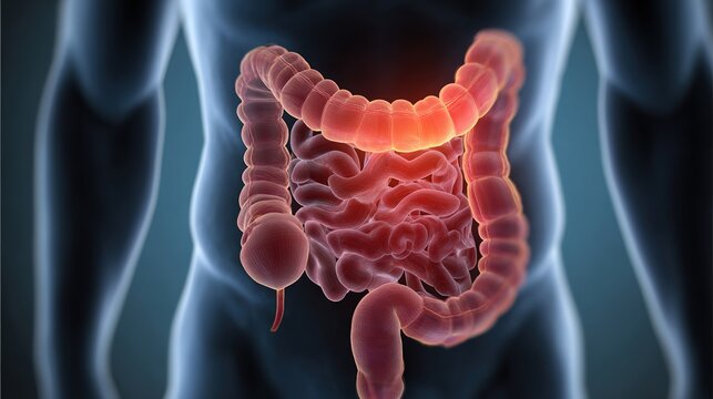 Ulcerative Colitis Medical Illustration, Chronic Inflammatory Bowel Disease Affecting the Colon and Rectum with Mucosal Ulcers, Bleeding and Abdominal Symptoms,