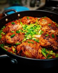 Fototapeta premium Pan Fried Chicken With Green Onions In Black Pan