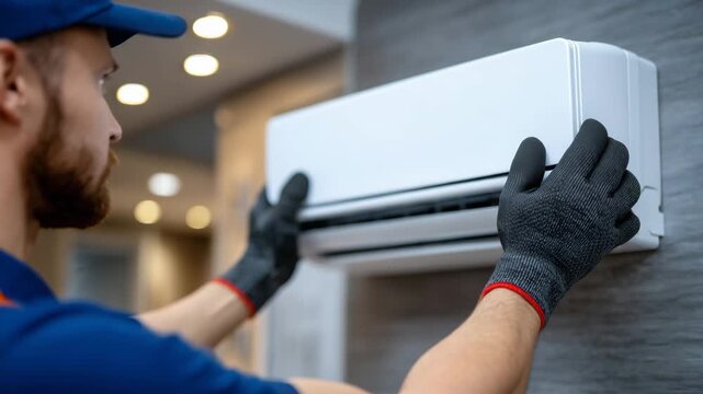 Professional residential installation shot, close-up on gloved hands mounting a compact HRV unit, minimal utility room interior with tidy walls and subtle modern fixtures, natural