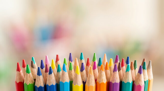 Large group of sharp multicolored wooden pencils standing in a row on blurred office background