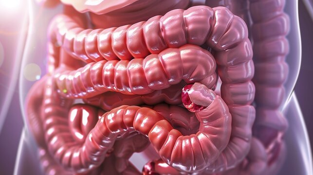 Ulcerative Colitis Medical Illustration, Chronic Inflammatory Bowel Disease Affecting the Colon and Rectum with Mucosal Ulcers, Bleeding and Abdominal Symptoms,