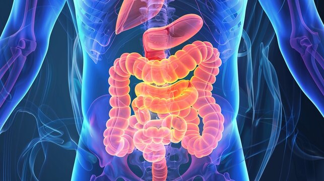 Ulcerative Colitis Medical Illustration, Chronic Inflammatory Bowel Disease Affecting the Colon and Rectum with Mucosal Ulcers, Bleeding and Abdominal Symptoms,