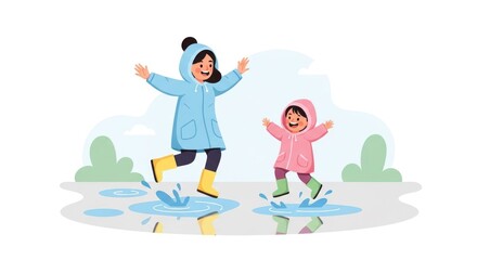 Obraz premium Children playing in puddles splashing water happy day vector illustration
