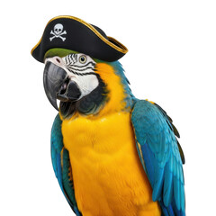 Obraz premium A colorful macaw parrot with a pirate hat on its head isolated on transparent background