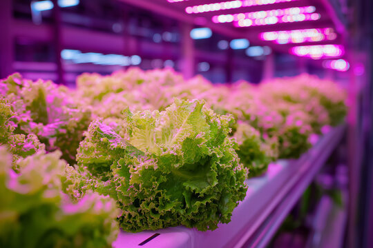 Robotic greenhouse growing fresh vegetables with LED lighting, hydroponic farming technology, controlled climate system, green future agriculture