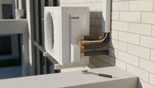 Installing outdoor ac unit on a white brick wall of a modern building with a wrench in the foreground for climate control system concept and professional maintenance