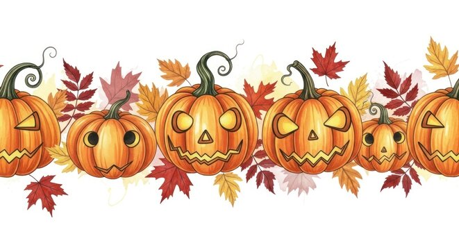 Autumn Pumpkin Carvings and Falling Leaves Scene