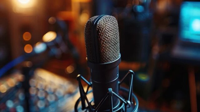 Video A close-up shot of a microphone in a professional recording studio setting, blurred background