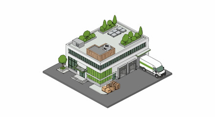 Obraz premium Isometric Modern Sustainable Logistics Center and Warehouse Building with Green Roof and Delivery Van