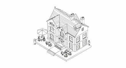 Obraz premium Isometric Line Art Illustration of a Large Mansion with Outdoor Cafe Patio - Architectural Outline Drawing for Coloring and Design
