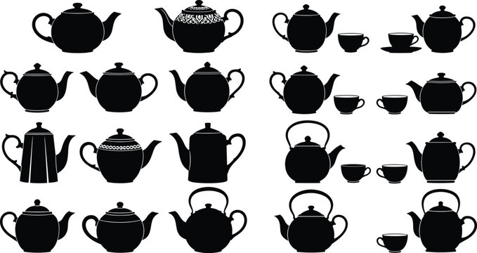 Flat vector illustration, teapot teacup silhouettes, diverse spout handle lid designs, black white kitchenware artwork, decorative traditional modern concept
