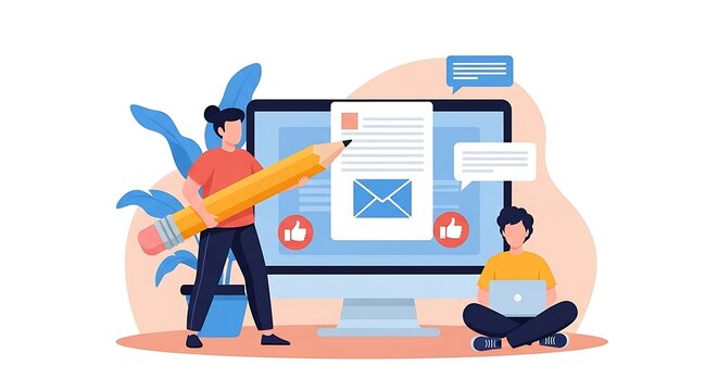A man holds a giant pencil to edit an email on a computer screen while another man sits with a laptop in a colorful illustration.
