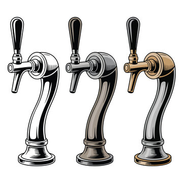Three vintage style beer taps in varying metallic finishes are displayed