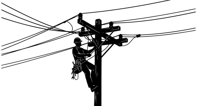 Electrician Climbing Utility Pole Silhouette Vector Illustration