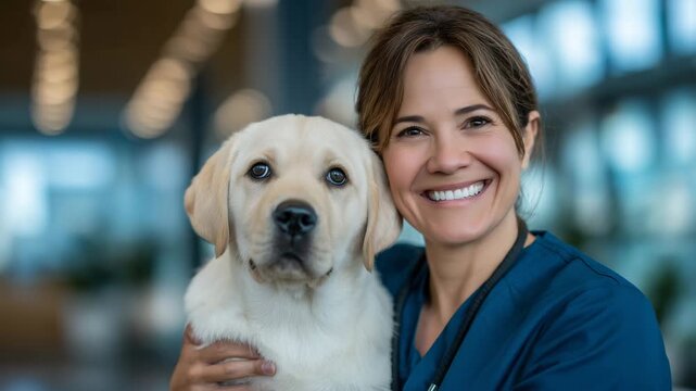 Side-angle close-up of a smiling vet cradling a dog against her chest, soft focus on modern clinic interior, bright natural lighting highlighting textures of scrubs and pet fur, pr