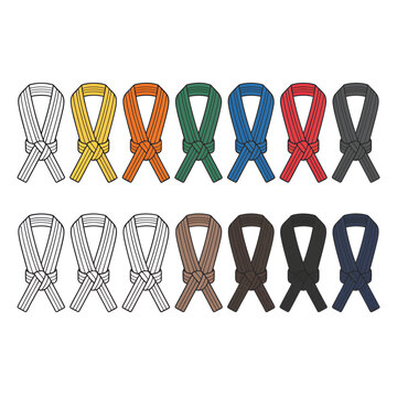Colorful and monochrome martial arts belts depicting different skill levels