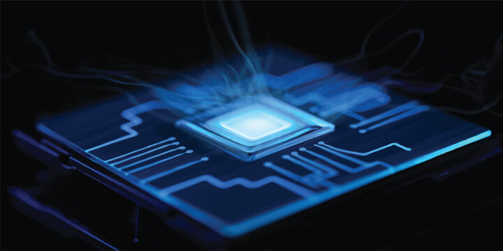 A macro design concept of a digital electronic circuit board featuring a semiconductor CPU chip and hardware components representing modern computer engineering technology and data industry science