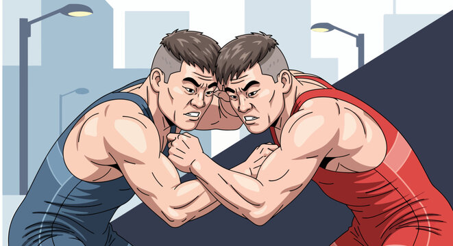 Two male wrestlers in blue and red singlets locked in a fierce grapple, showcasing strength and determination in a competitive match.