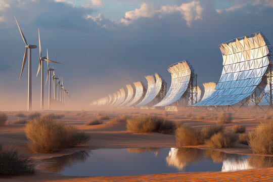 Desert transformed into renewable energy hub, solar mirrors and wind turbines, advanced grid systems, sustainable landscape revolution