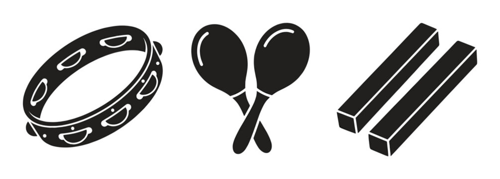 Black vector silhouettes of classic percussion instruments: tambourine, maracas, and claves. Ideal for music education, rhythmic designs, or cultural event promotions.