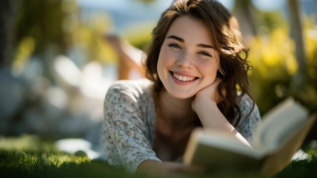 Smiling female student lying on the soft grass of a sunny park with a book raised above her face, sunlight streaming through tree branches creating dappled light patterns on the la