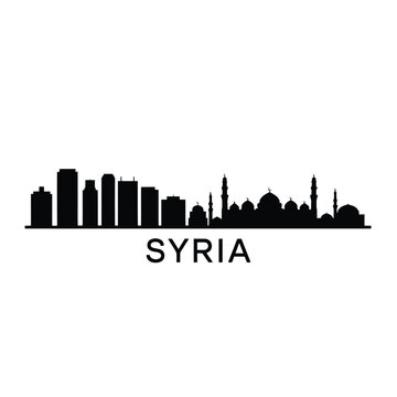 A black silhouette of a syrian cityscape with the country name below