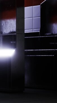 In a quiet urban area, soft light spills from glossy surfaces, casting intriguing shadows. The cool tones create a sense of solitude during late evening hours.