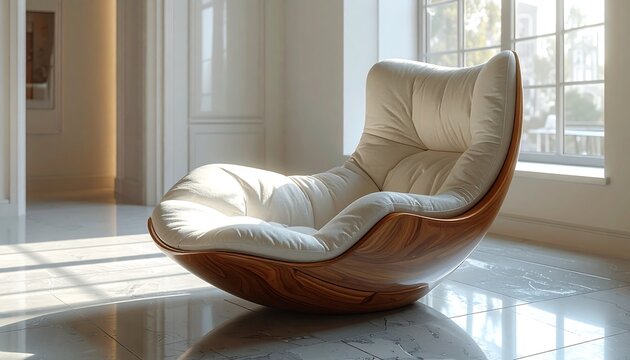 A luxuriously curved wooden rocking chair with a white, pillowy cushion is bathed in sunlight next to a large window