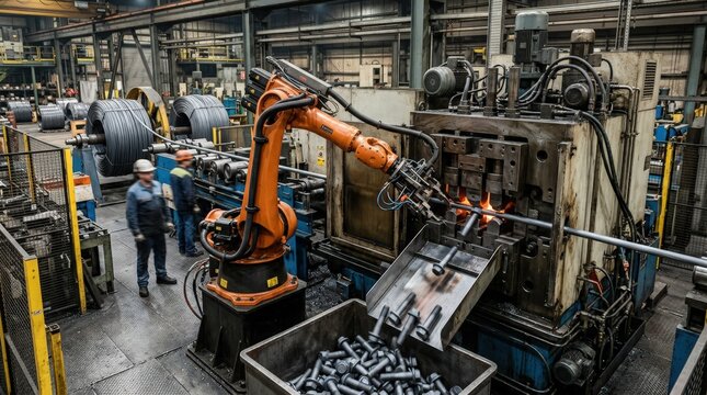 Industrial cold heading process forming flange head bolt blanks from steel wire coils with precision equipment and robotic arms.