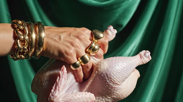 Creative cooking preparation with raw chicken. Hands hold fresh poultry against green backdrop. Stylish jewelry adds flair to kitchen activities. Food preparation inspires culinary creativity.