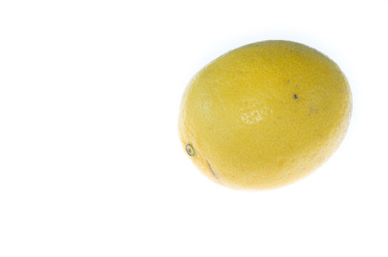 A fresh yellow citron (lemon) on white background, photographed slightly from the pedicle side