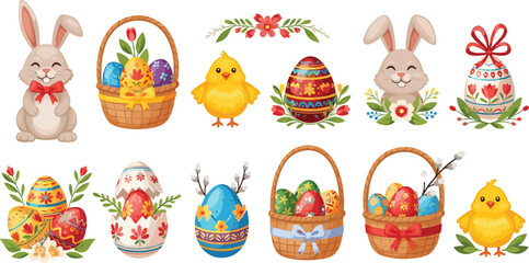 Obraz premium Cute Easter bunny and chick collection with decorated eggs baskets spring holiday cartoon vector set isolated on white background