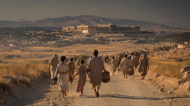 A peaceful and expansive biblical scene of Israelite families departing Jerusalem after a dedication feast, journeying along dusty roads toward distant hills, with the Temple on Mount Moriah rising be