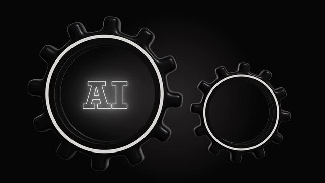 Authentic Conceptual Animation of Glowing AI Text on Rotating Gear Wheels, Artificial Intelligence Integrated with Mechanical Industry and Automation