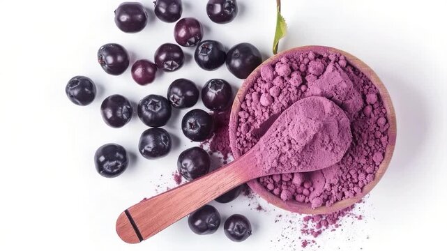 Video A wooden spoon filled with purple powder next to a container of blueberries, ideal for adding flavor or color to your baking or cooking