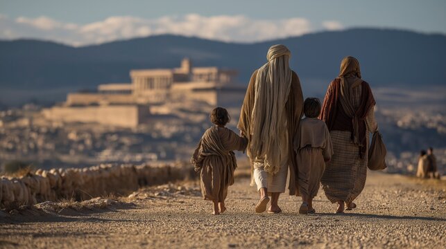 A peaceful and expansive biblical scene of Israelite families departing Jerusalem after a dedication feast, journeying along dusty roads toward distant hills, with the Temple on Mount Moriah rising be