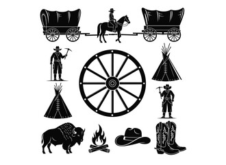 Western imagery including wagons cowboys and teepees in black silhouette © sefali
