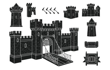 Obraz premium Collection of detailed castle towers walls and a drawbridge silhouette