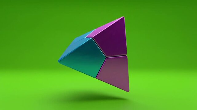Rotating Geometric Shape with Metallic Colors in Dynamic Movement Against a Green Background