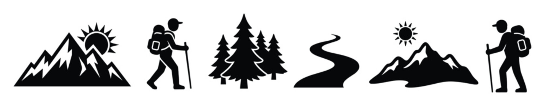 Vector set of outdoor adventure icons: mountains, sun, hikers, pine trees, and winding road. Ideal for travel, nature, and exploration themes in web or app design.
