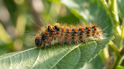 Fototapeta premium A detailed_macro_shot_202604162226 of a fuzzy orange and black caterpillar on a green leaf in a sunny outdoor environment with natural surroundings.