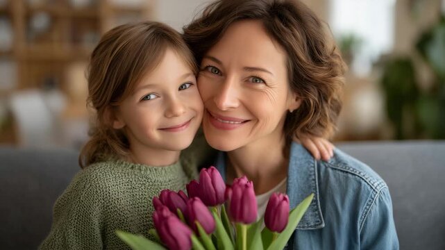 Tender family moment captured in soft daylight as a mother gently kisses her daughter&rsquo;s cheek, the child smiling while clutching a bouquet of blooming pink tulips, elegant living r