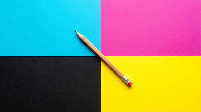 Single wooden pencil placed diagonally across blue pink black and yellow four quadrant background